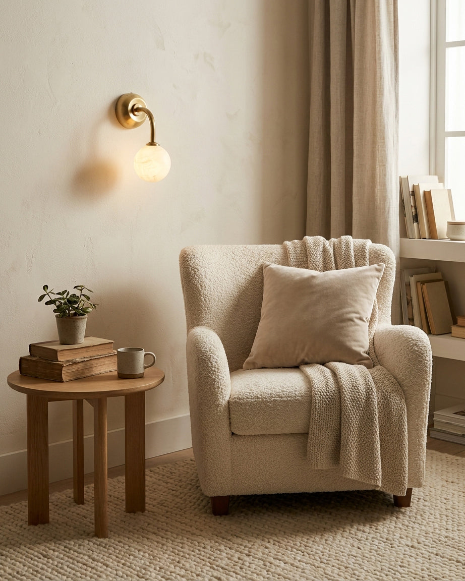 Elio Alabaster Curated Alabaster Wall Sconce – illuminated warm ambiance setting