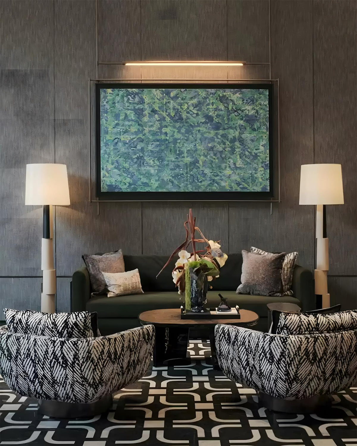Elion Block Curated Iron & Glass Floor Lamp installed in residential dining space