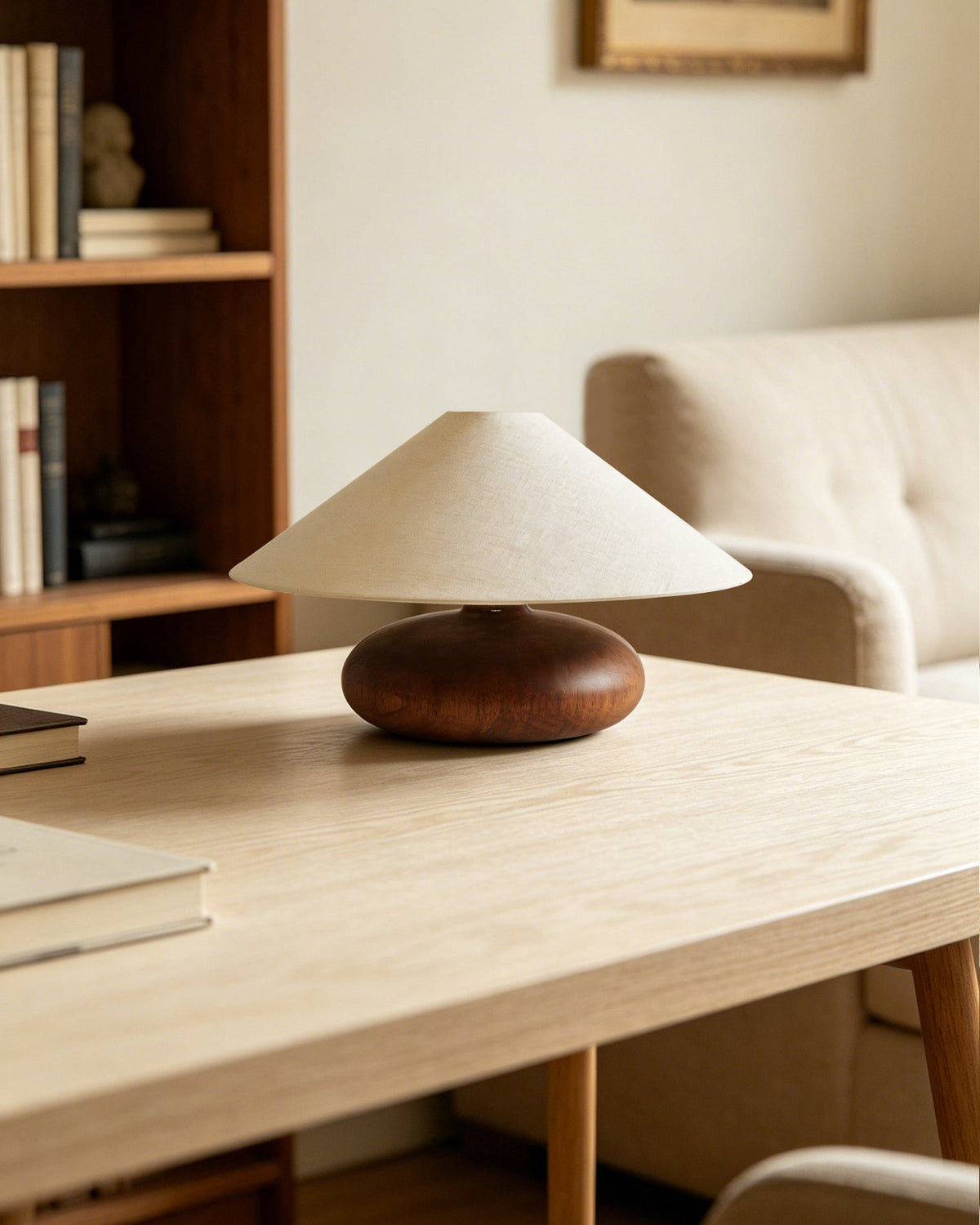 Elowen Curated Solid Hardwood Table Lamp warm illuminated room view