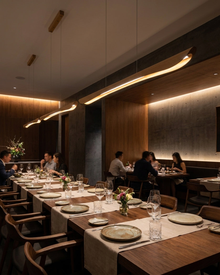 Elyndor Arc Curated Solid Hardwood Chandelier – spatial dining room perspective