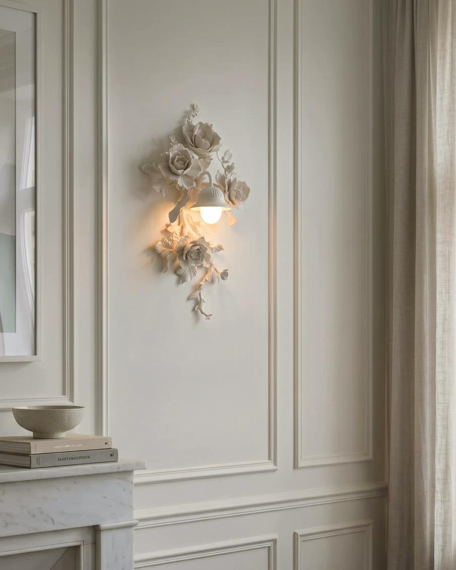 Elysia Bloom Curated Iron & Glass Wall Sconce – illuminated warm ambiance setting