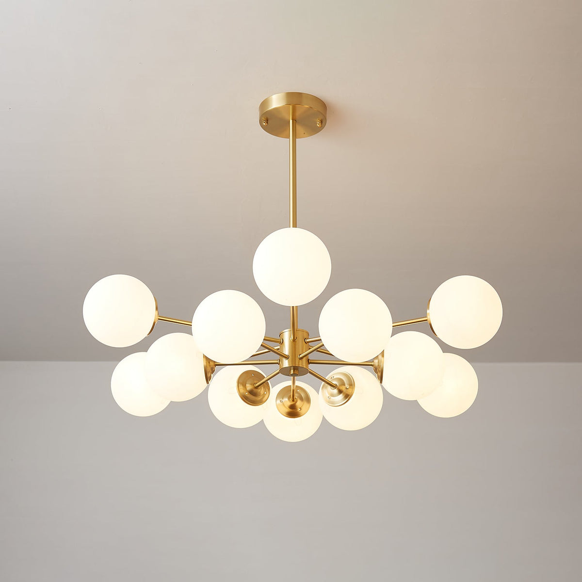 Elysium Curated Mouth-Blown Frosted Glass Chande – spatial dining room perspective