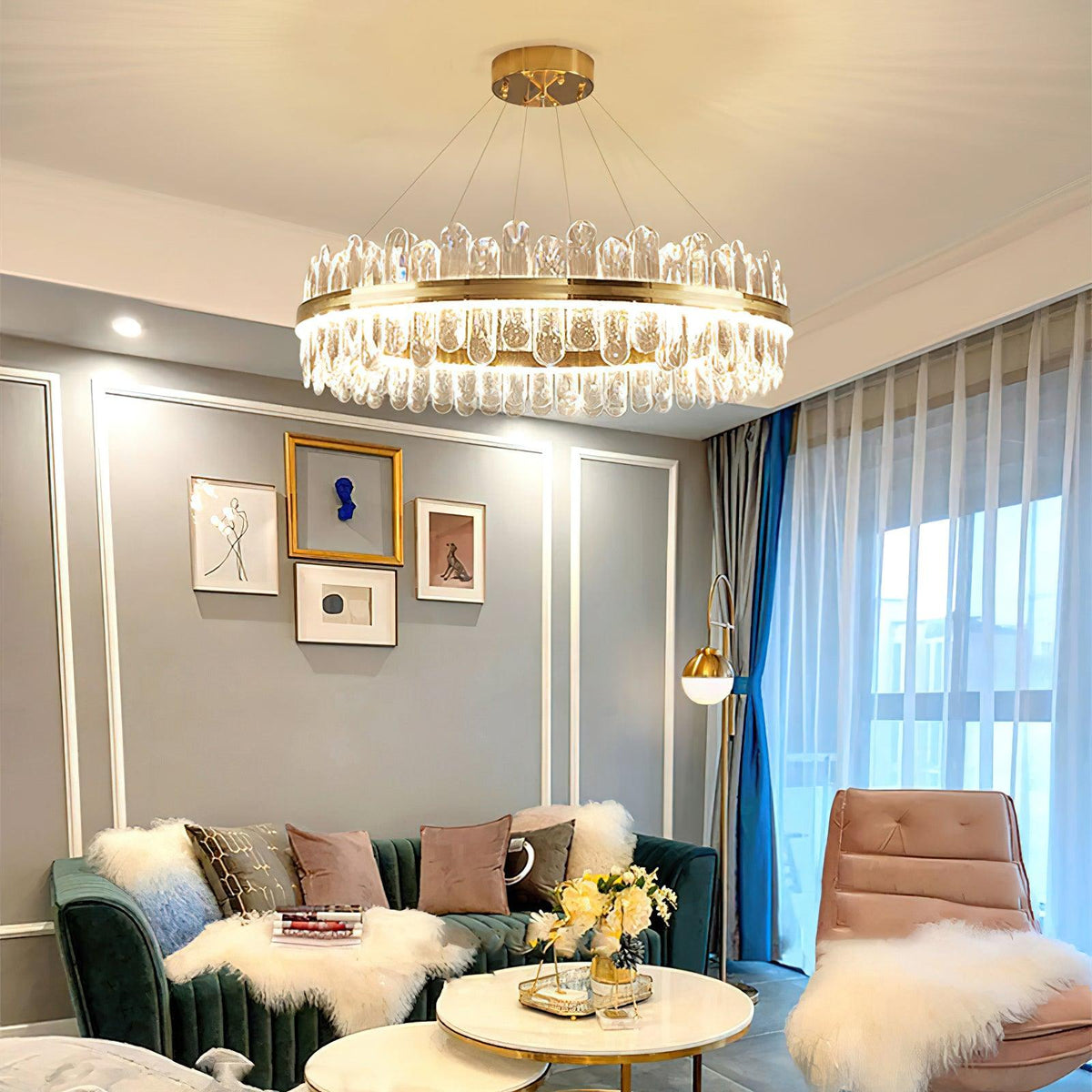 Enos Crystal Curated K9 Bohemian Crystal Chandel installed in residential dining space
