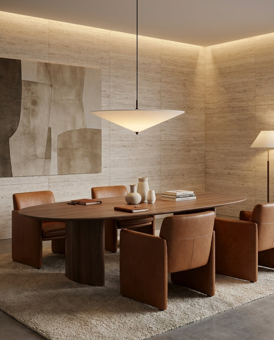 Eryvon Curated Iron & Glass Pendant Light – illuminated warm ambiance setting