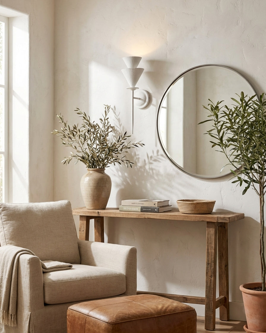 Fanoria Curated Iron & Glass Wall Sconce installed in residential dining space