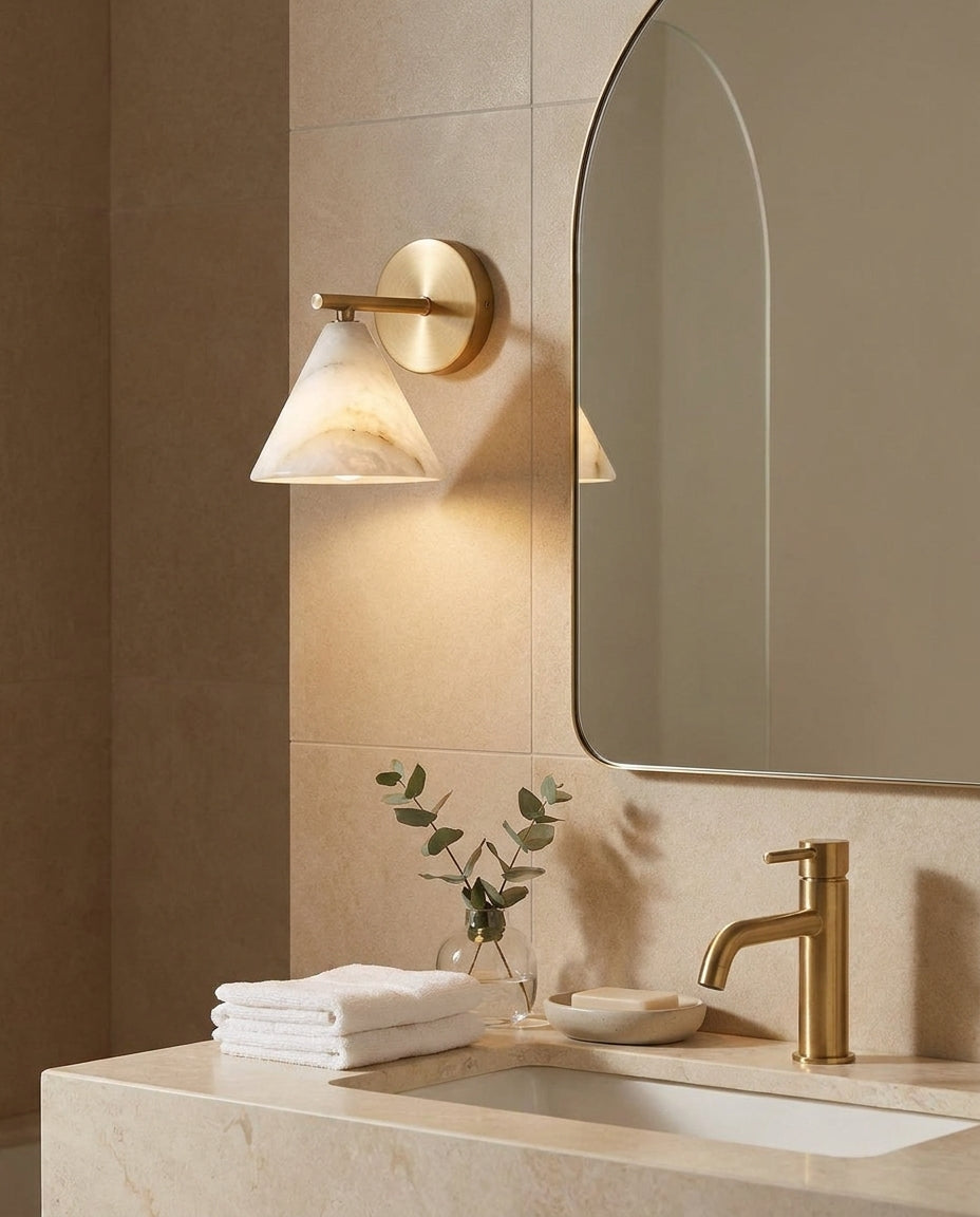 Finley Alabaster Curated Alabaster Wall Sconce – illuminated warm ambiance setting