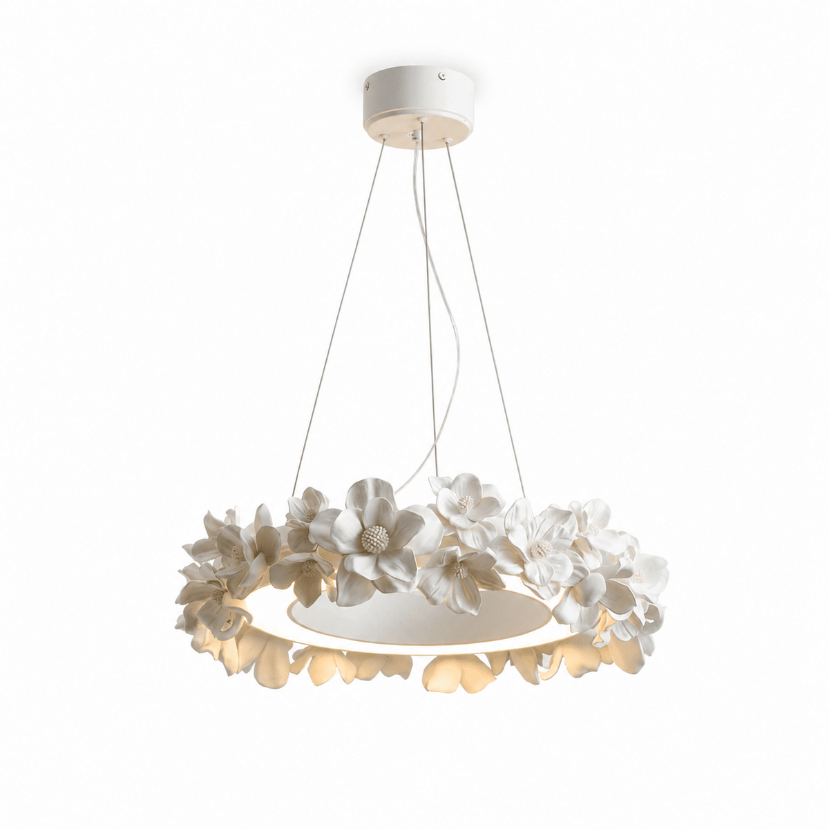 Floral Wreath Curated Iron & Glass Chandelier – illuminated warm ambiance setting #1