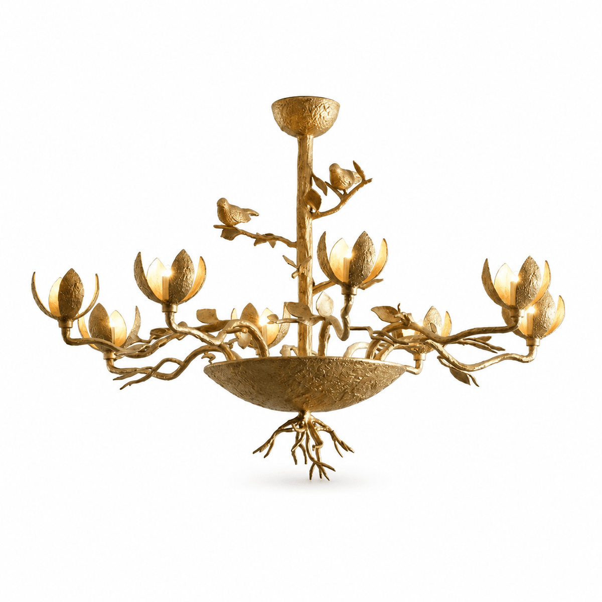 Florienne Branch Curated Iron & Glass Chandelier – illuminated warm ambiance setting #1