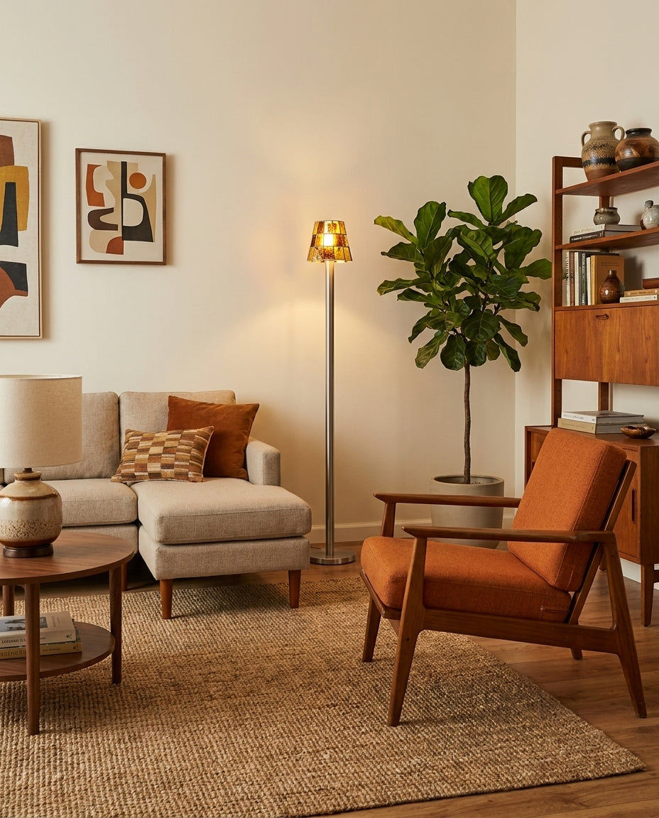 Fun Guy Curated Amber Art Glass Floor Lamp installed in residential dining space
