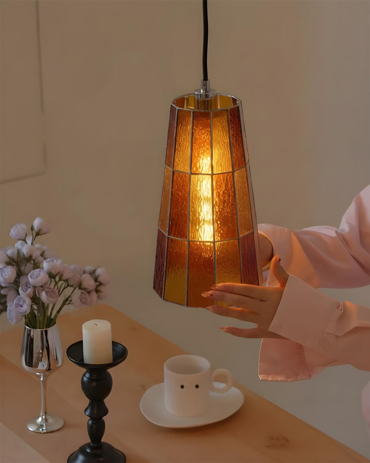Fun Guy Curated Mouth-Blown Frosted Glass Pendan – unlit natural material contrast