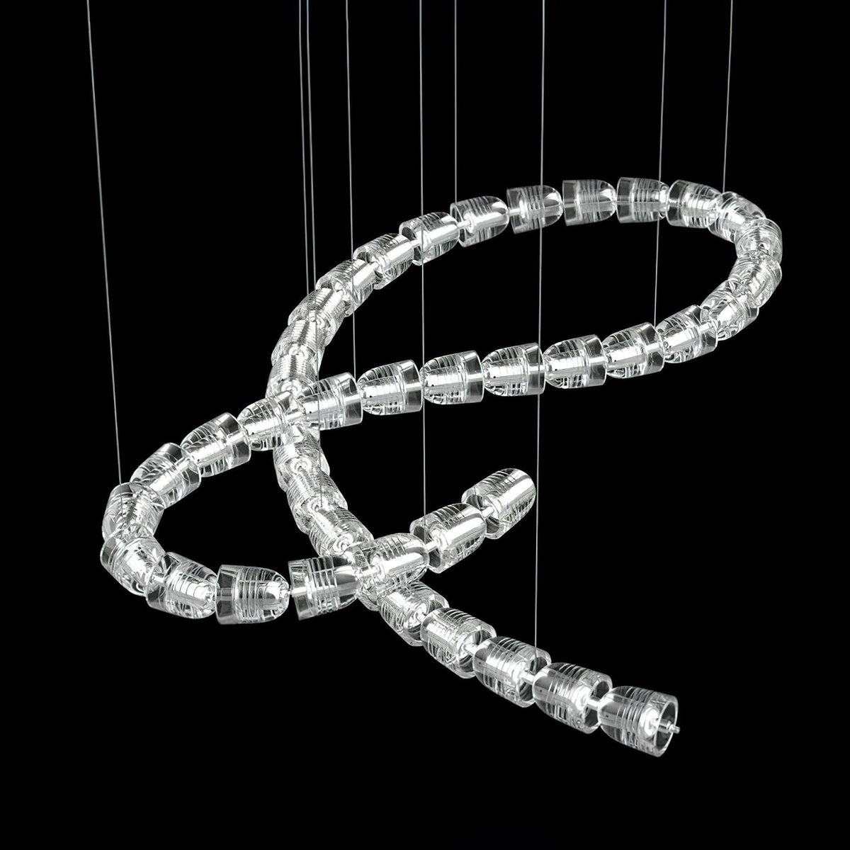 The Gabriel Knot LED Curated K9 Bohemian Crystal installed in residential dining space