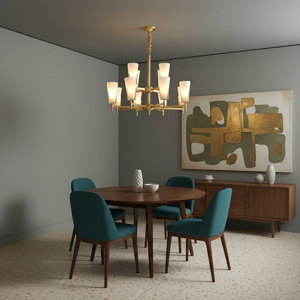 Upton Curated Mouth-Blown Frosted Glass Chandeli warm illuminated room view