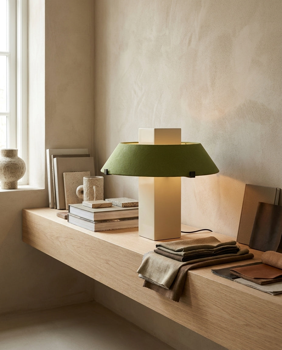Geo Curated Finished Iron Table Lamp – unlit natural material contrast