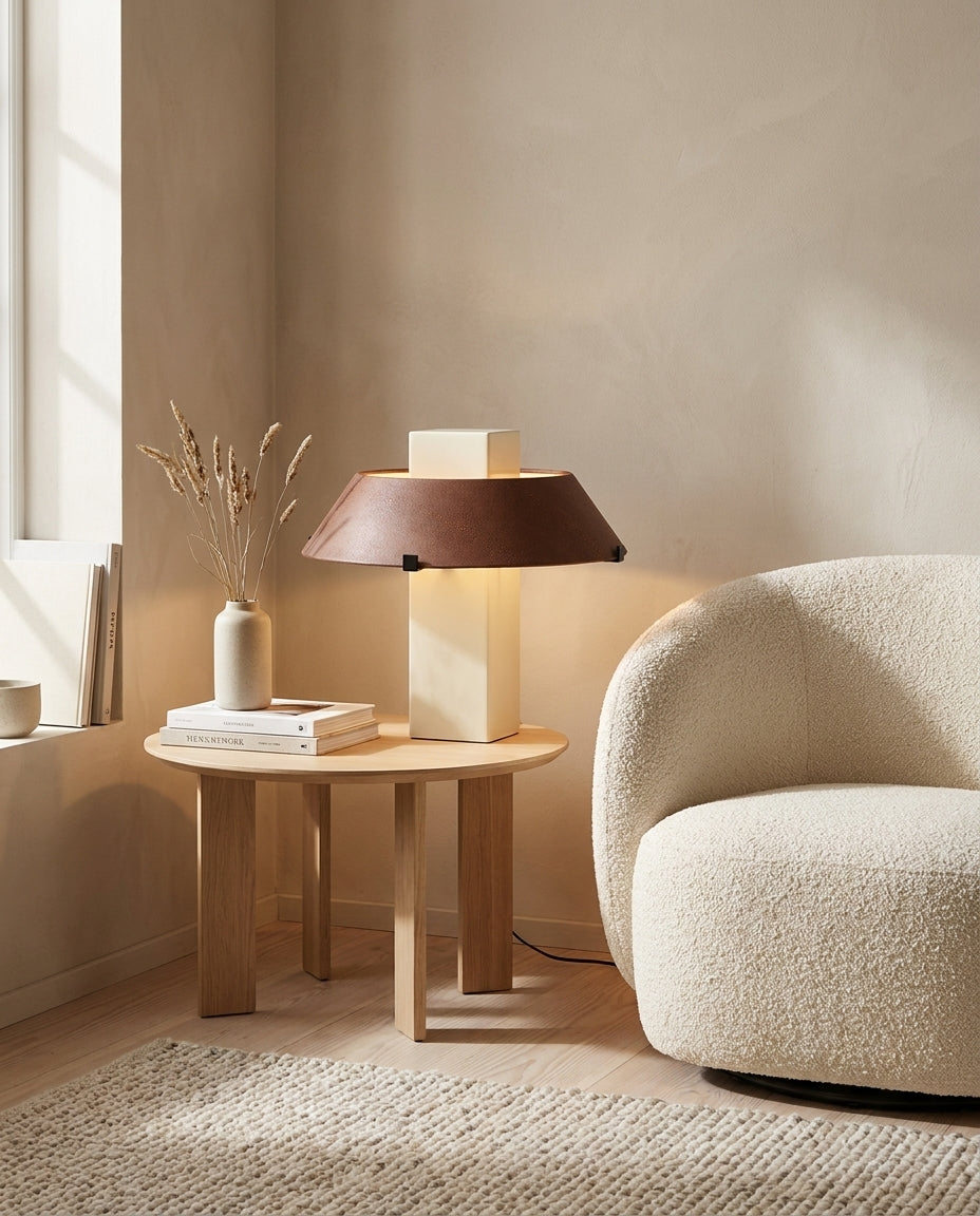 Geo Curated Finished Iron Table Lamp – structural canopy joint detail