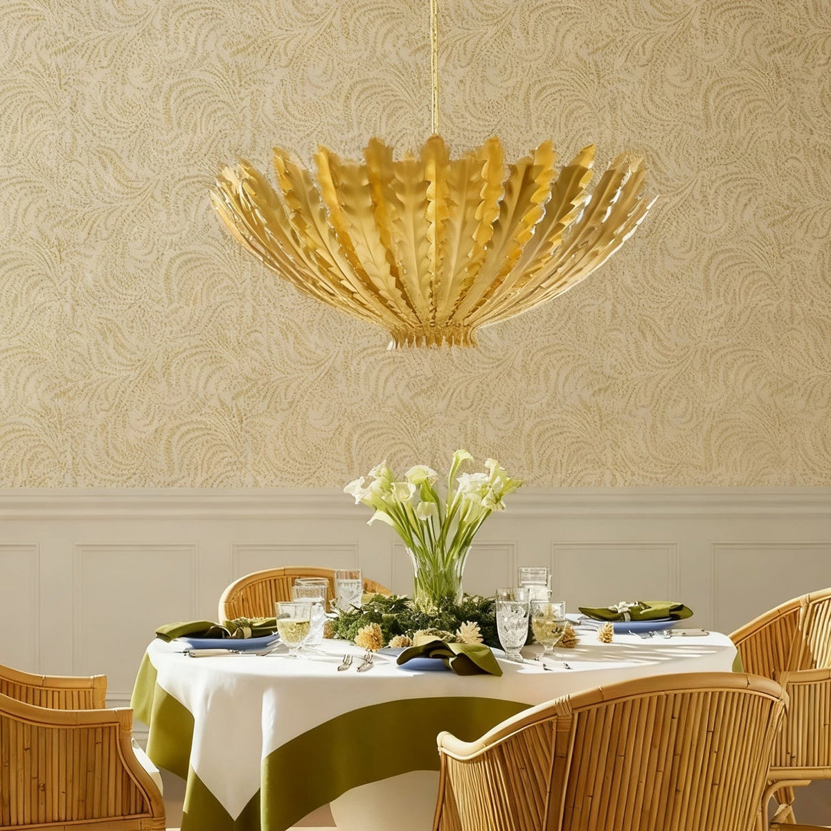 Gilded Acanthus Curated Iron & Glass Chandelier installed in residential dining space