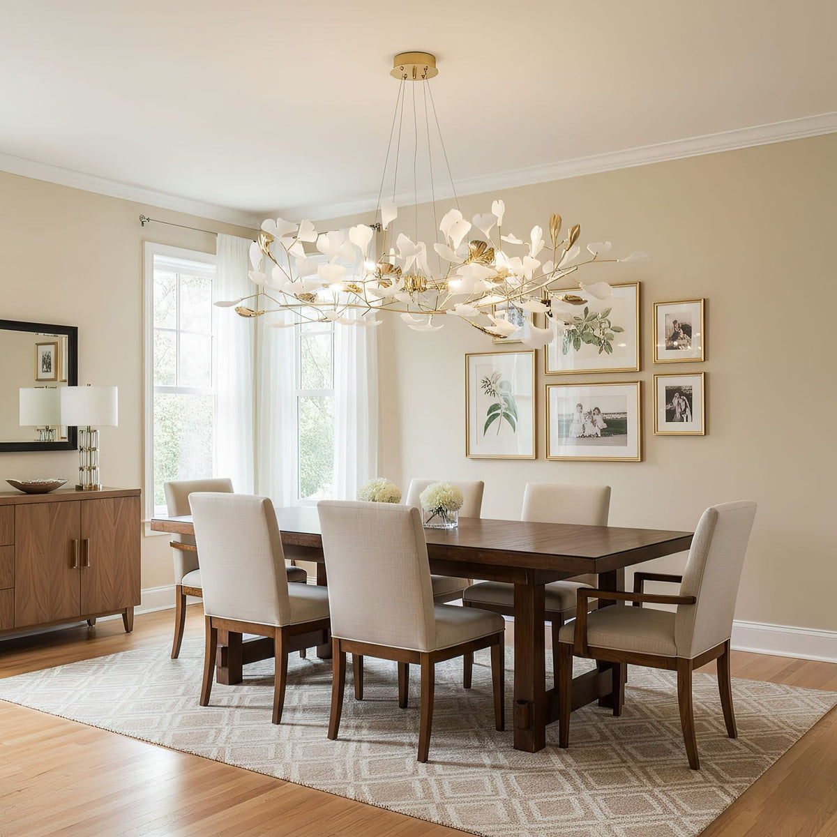 Gingko Curated Hand-Thrown Ceramic Chandelier – illuminated warm ambiance setting