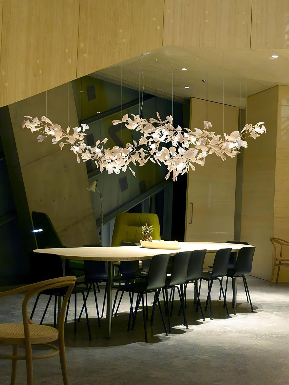 Gingko Curated Hand-Thrown Ceramic Chandelier – illuminated warm ambiance setting