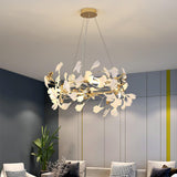 Gingko Curated Hand-Thrown Ceramic Chandelier warm illuminated room view