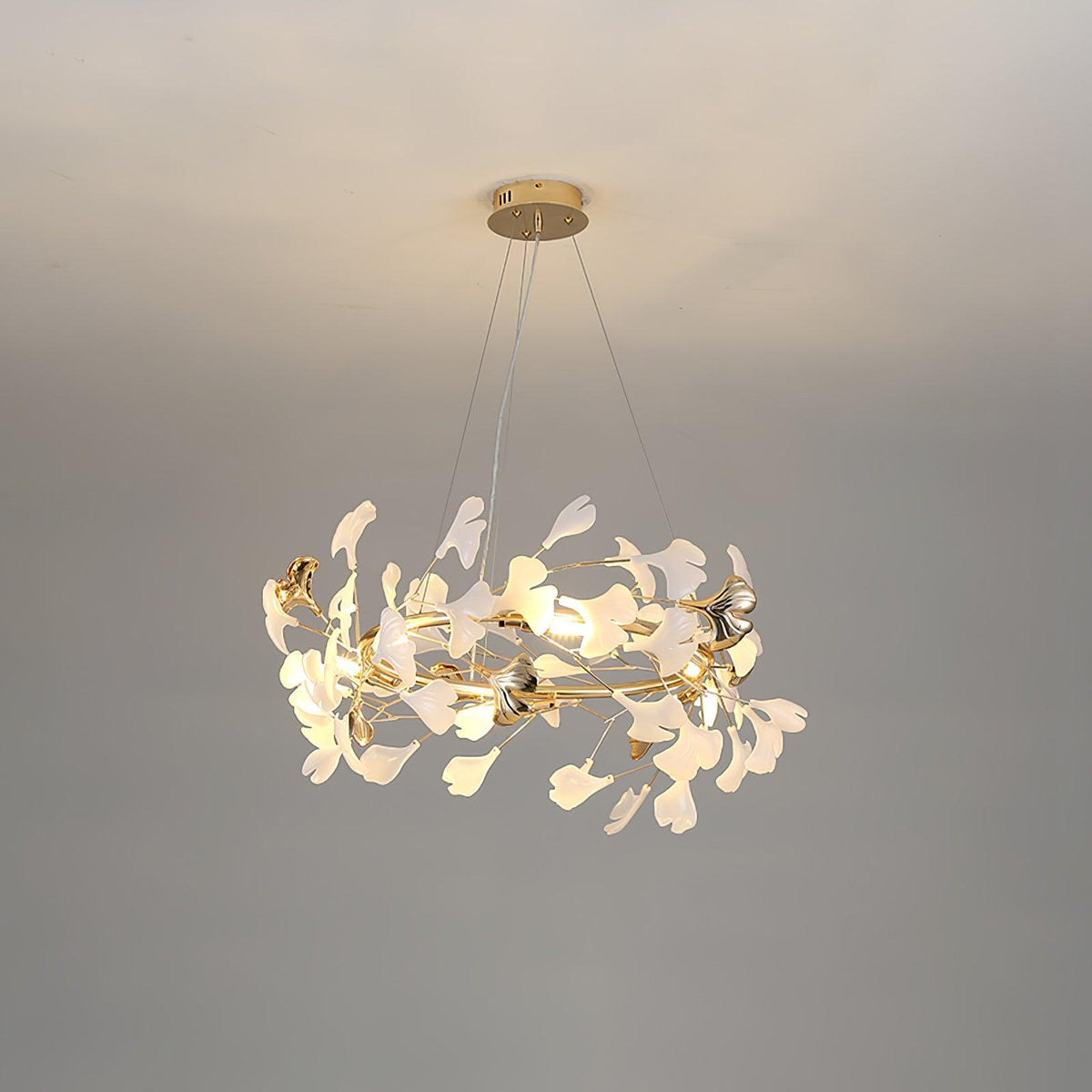 Gingko Curated Hand-Thrown Ceramic Chandelier – illuminated warm ambiance setting #1