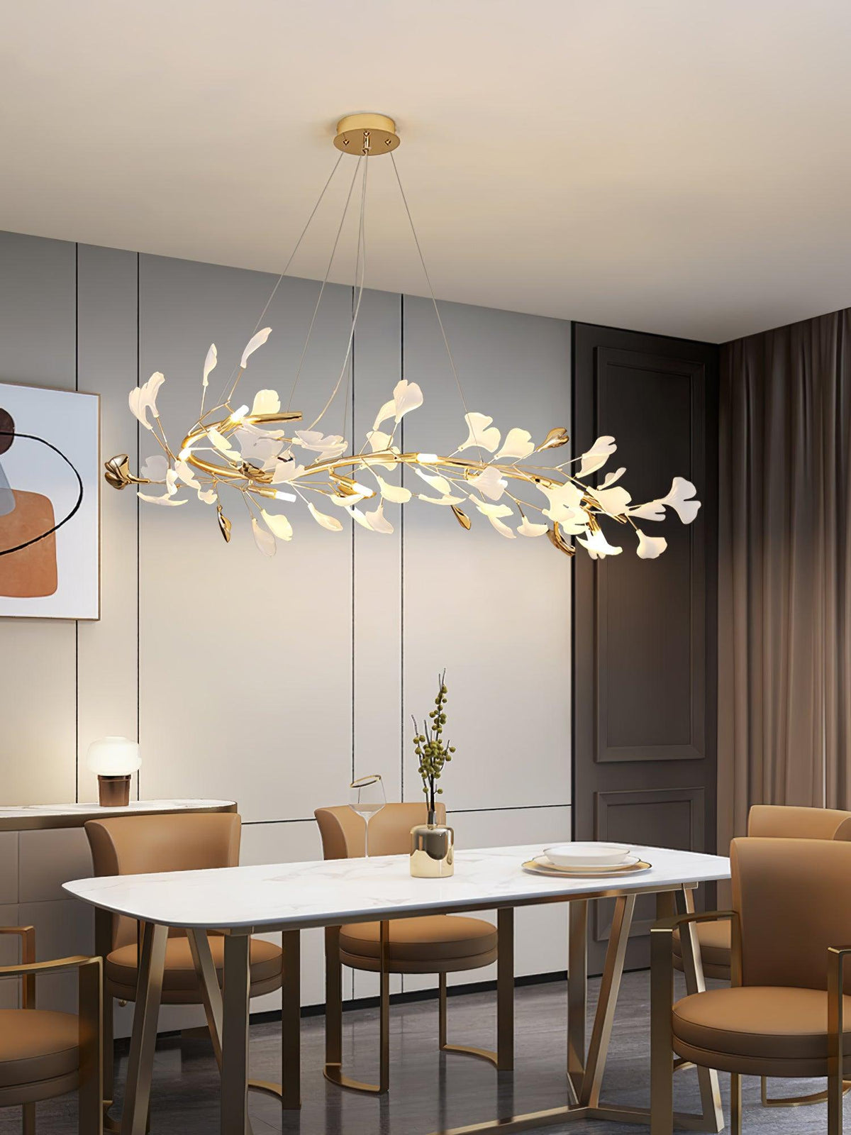 Gingko Curated Hand-Thrown Ceramic Chandelier – spatial dining room perspective