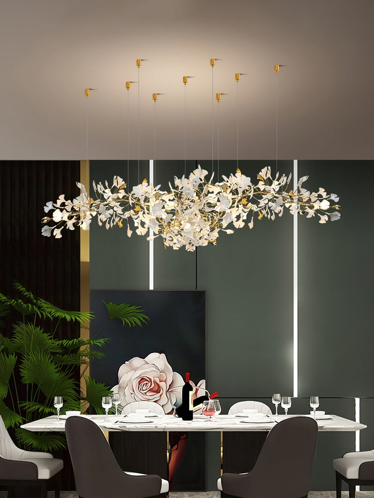 Gingko Curated Hand-Thrown Ceramic Chandelier – illuminated warm ambiance setting