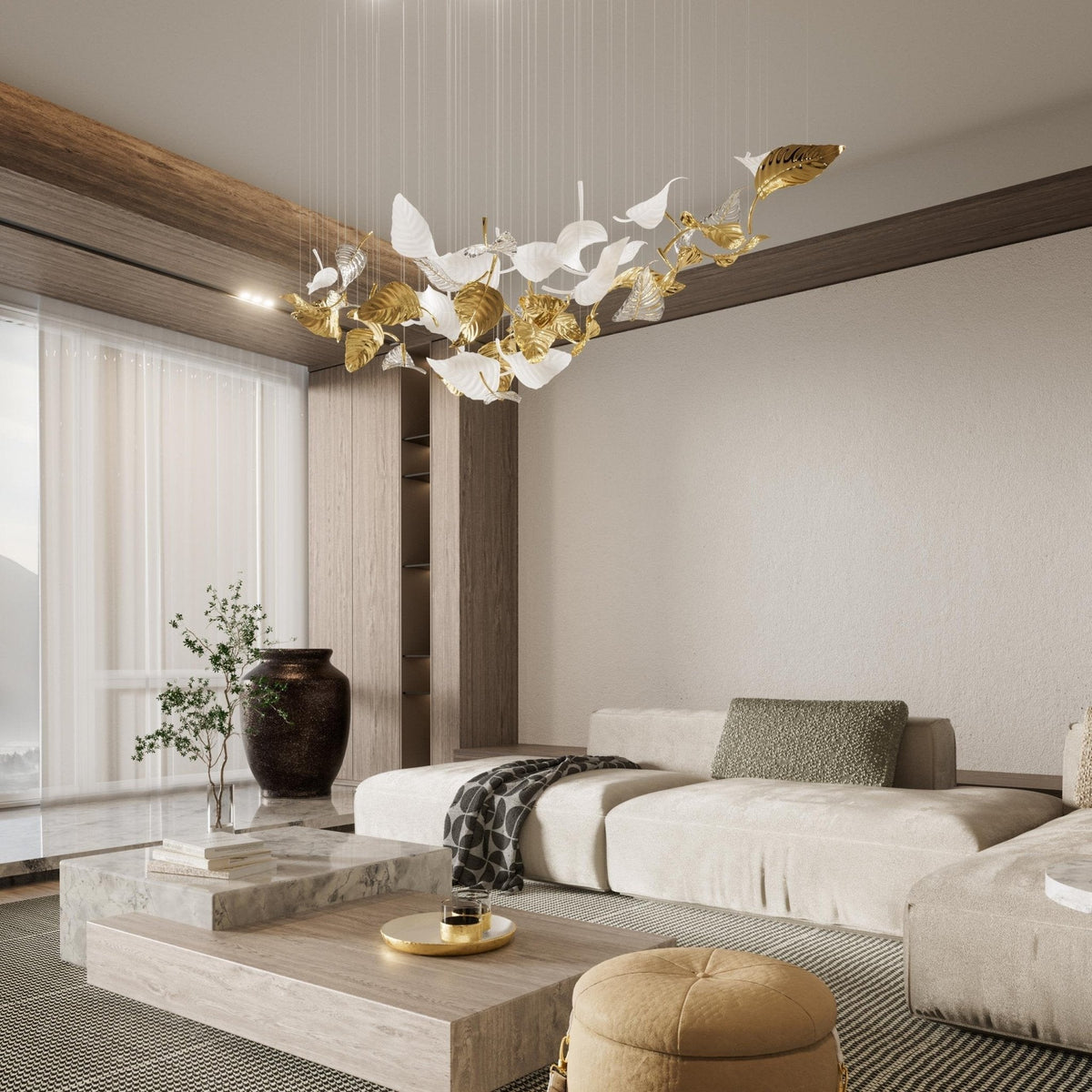 Linden Leaves Curated Mouth-Blown Frosted Glass installed in residential dining space
