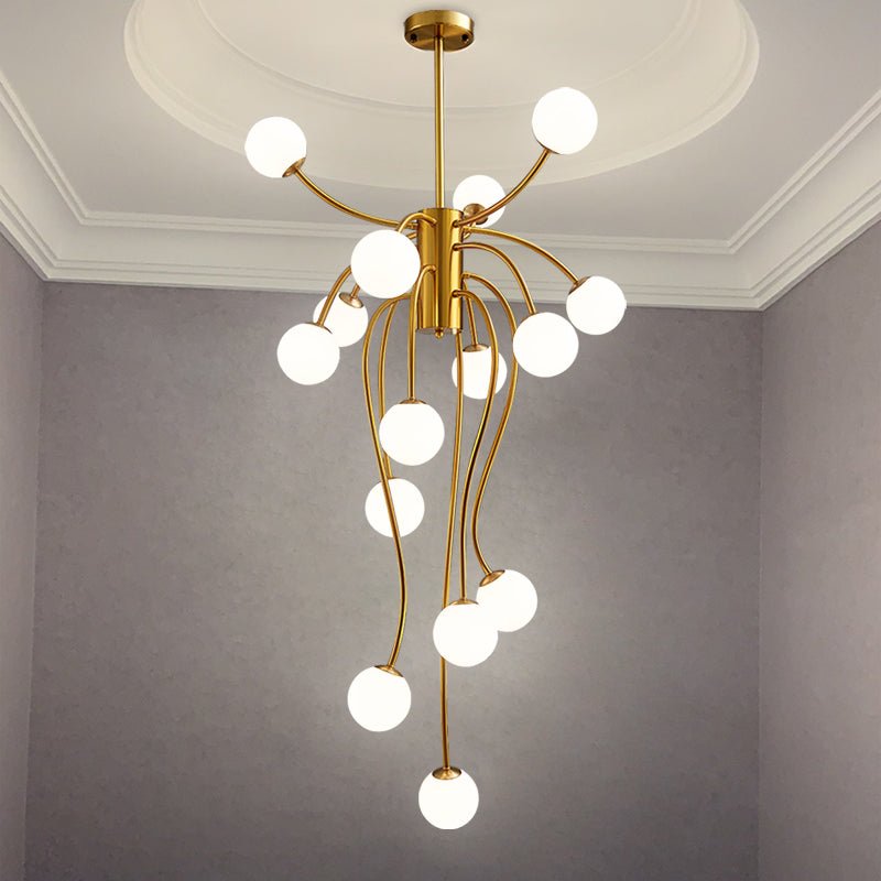 Caroline Curated Mouth-Blown Frosted Glass Chand installed in residential dining space