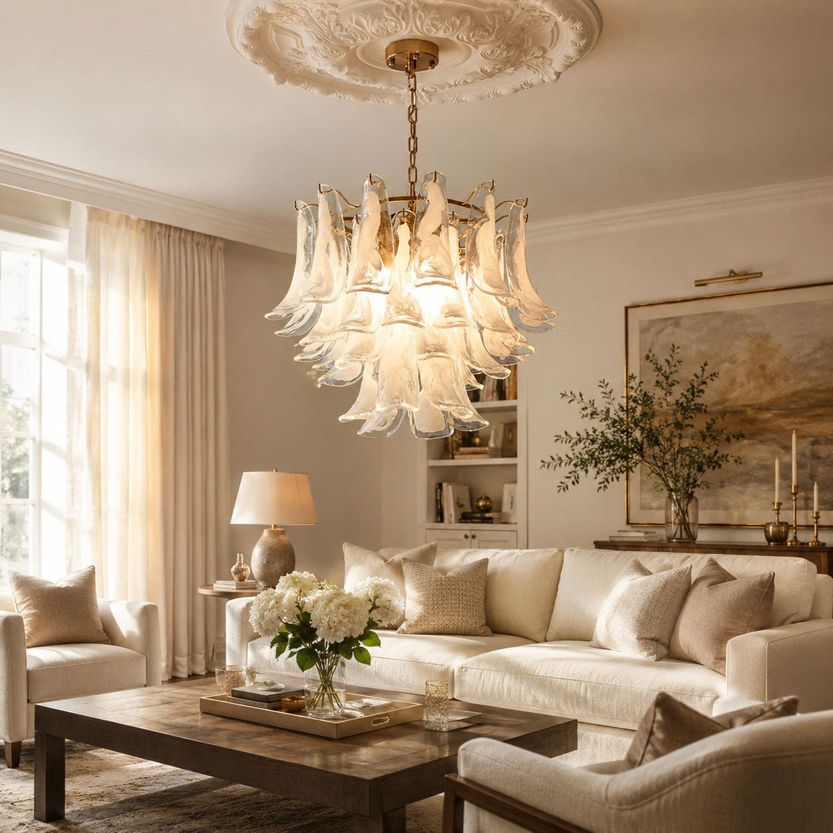 Murano Glass Leaf Chandelier – Ambient Illumination in Luxury Interior Setting View 6