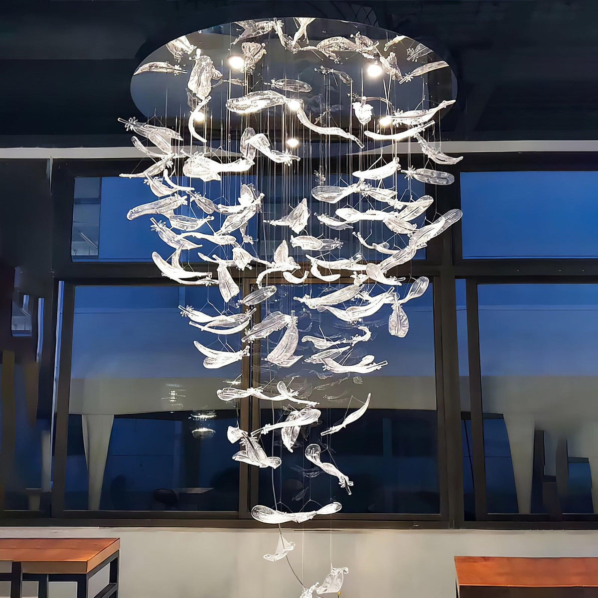 Pluma Sculptural Feather Chandelier – spatial dining room perspective