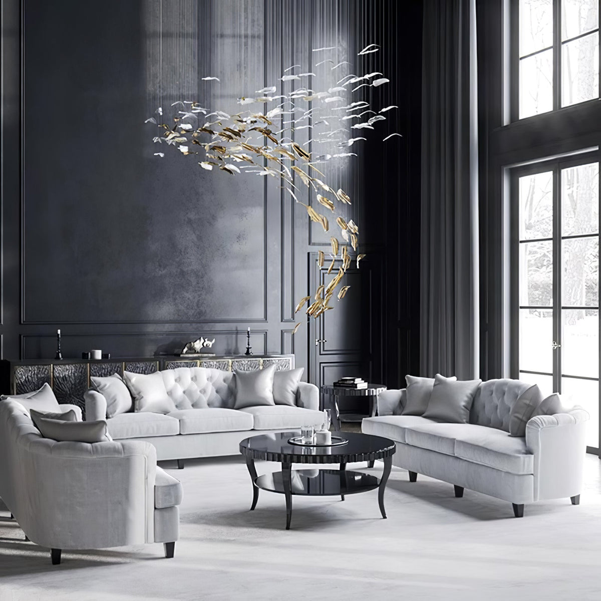 Pluma Sculptural Feather Chandelier installed in residential dining space