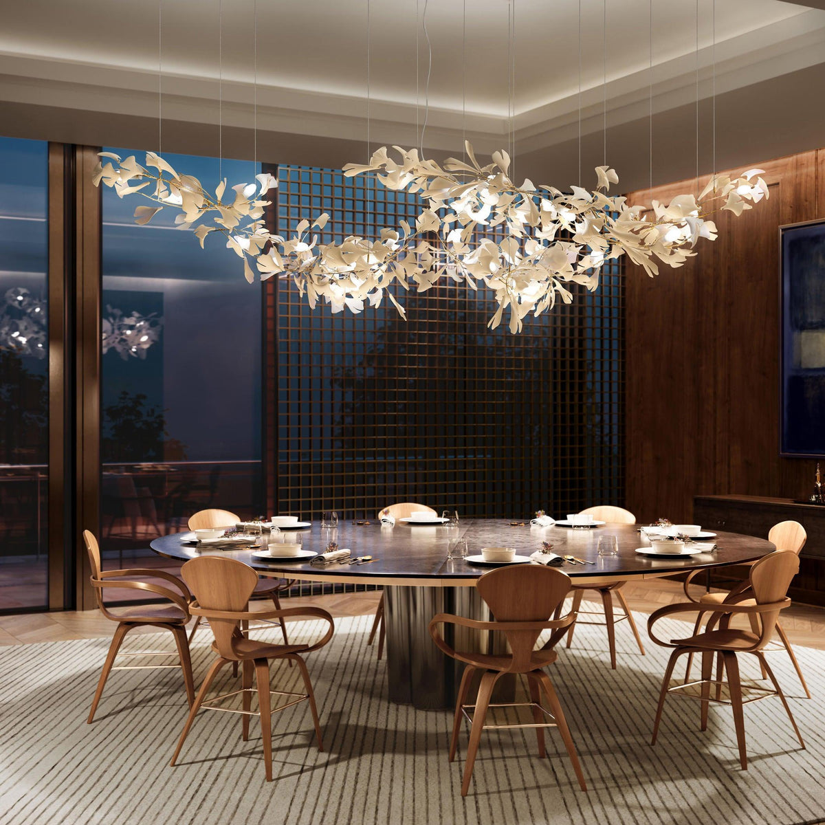 Gold White Leaves Combination Gingko Chandeliers installed in residential dining space