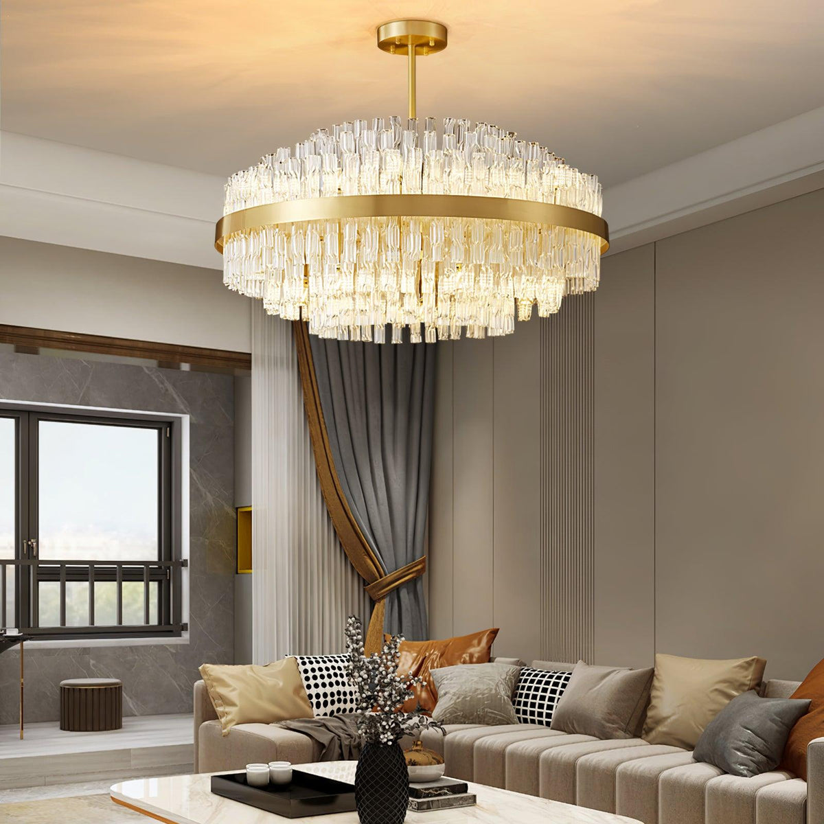 Gold Clear Rod Chandelier – Ambient Illumination in Luxury Interior Setting View 3