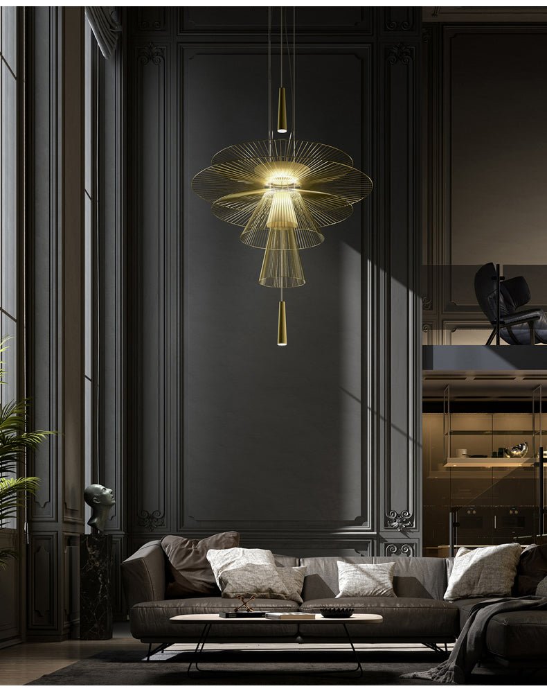 Golden Radiance Curated Iron & Glass Chandelier – architectural ceiling profile