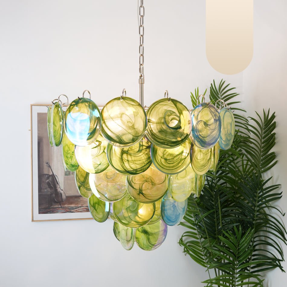 Green Glass Disc Chandelier – Handcrafted Material Texture and Detail View