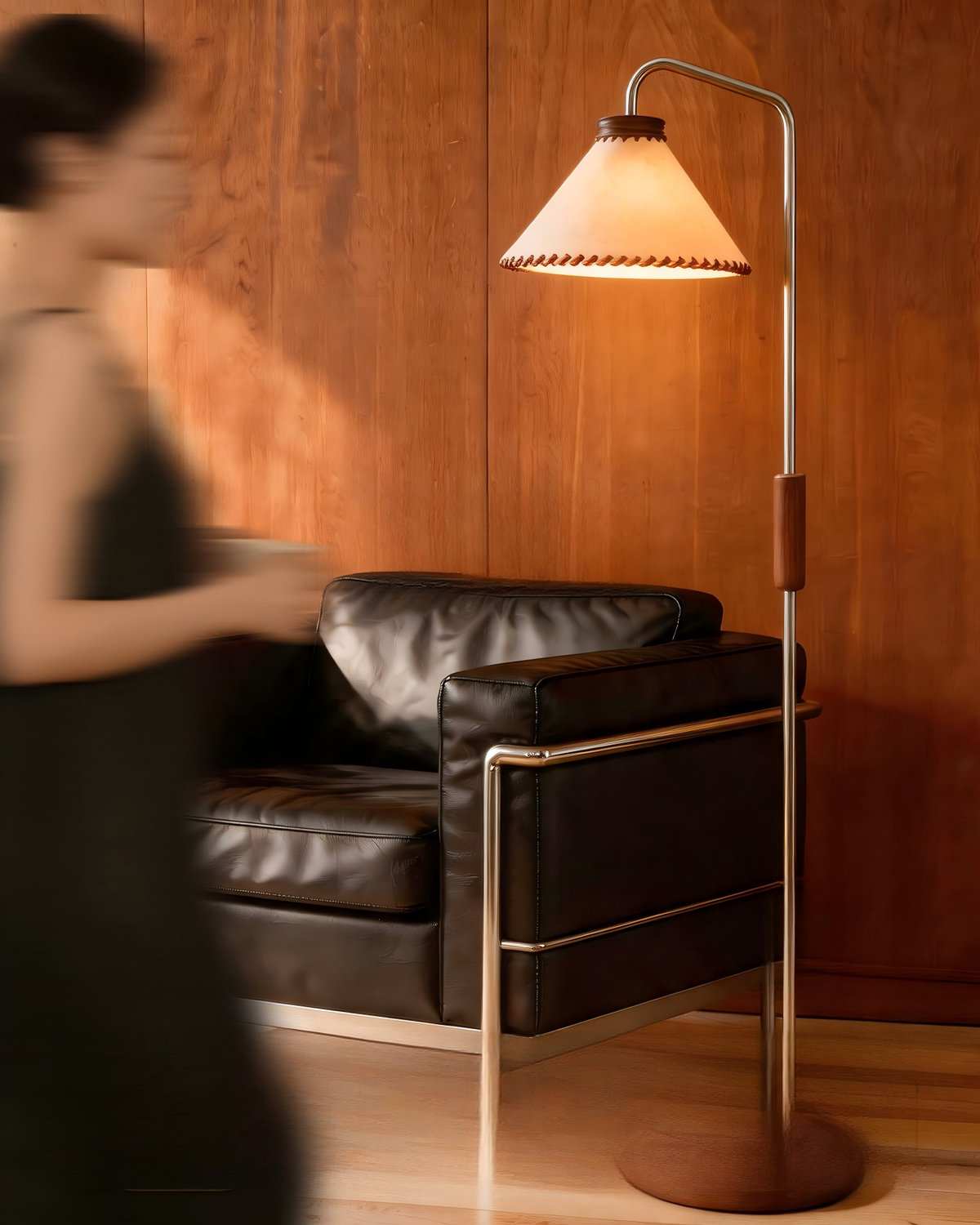 Halsen Floor Curated Finished Iron Floor Lamp warm illuminated room view