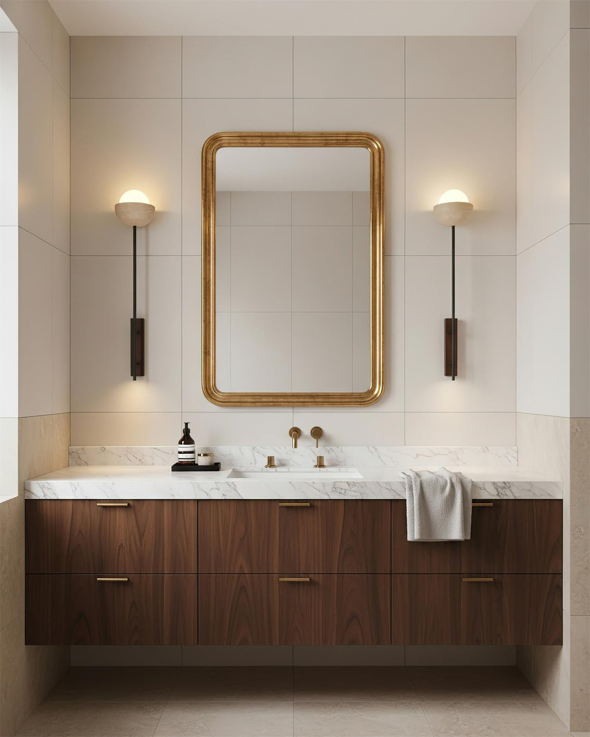 Yellow Travertine craftsmanship detail on Globe Stem Curated Yellow Travertine Wall Sconce