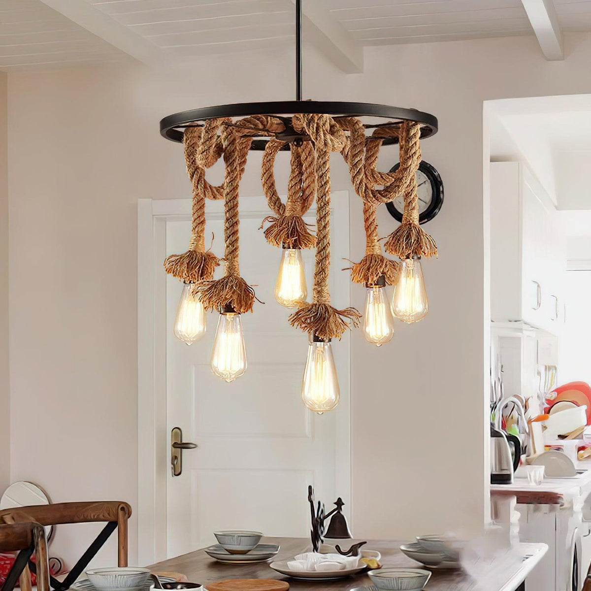 Hemp Rope Industrial Chandelier – Handcrafted Material Texture and Detail View
