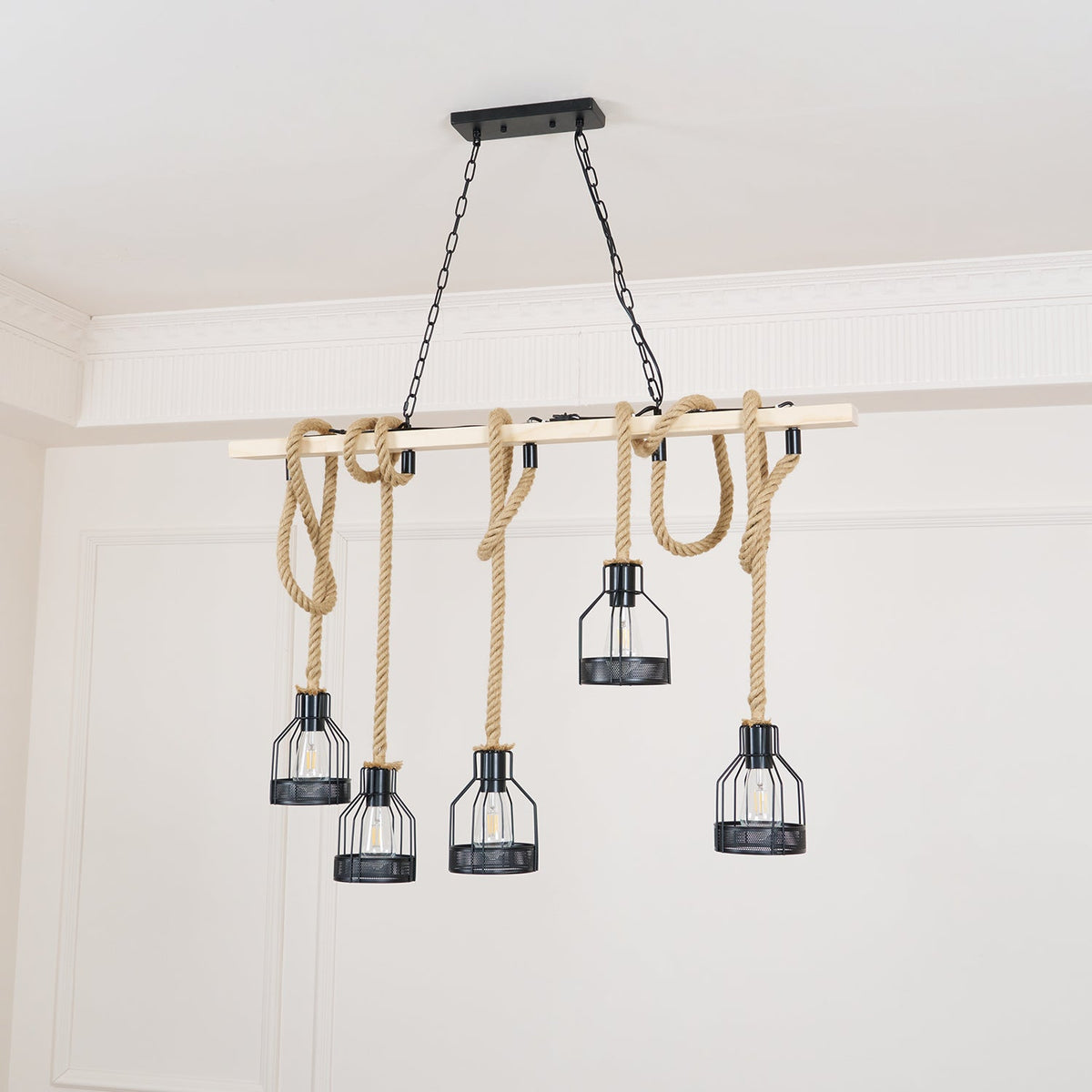 Hemp Rope Industrial Chandelier – Ambient Illumination in Luxury Interior Setting View 13