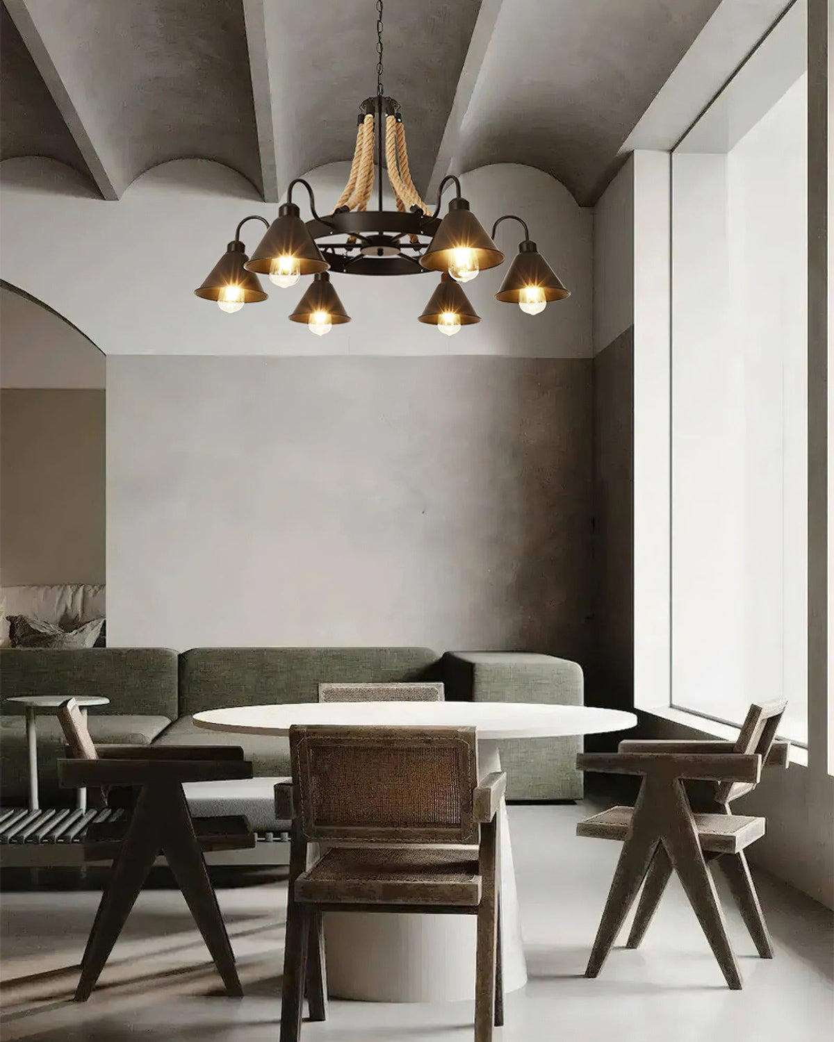 Hemp Rope Industrial Horn Chandelier – Ambient Illumination in Luxury Interior Setting View 14
