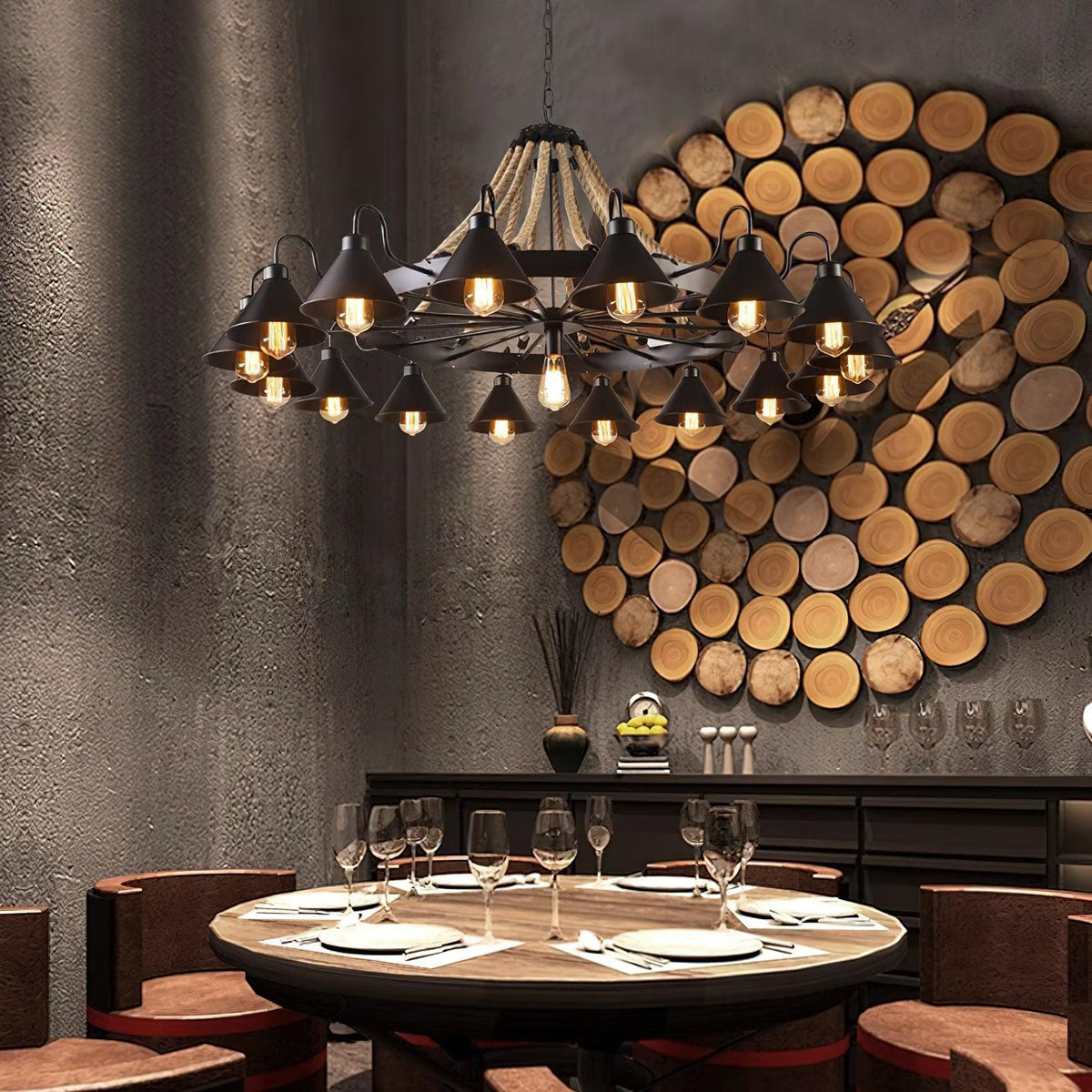 Hemp Rope Industrial Horn Chandelier – Ambient Illumination in Luxury Interior Setting View 5