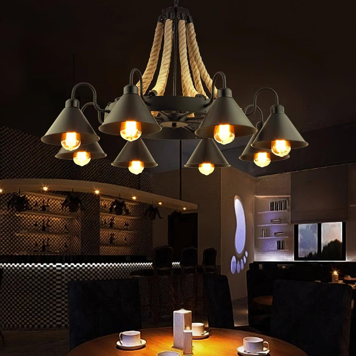 Hemp Rope Industrial Horn Chandelier – Ambient Illumination in Luxury Interior Setting View 9