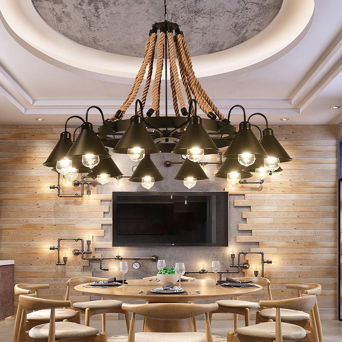 Hemp Rope Industrial Horn Chandelier – Ambient Illumination in Luxury Interior Setting View 10