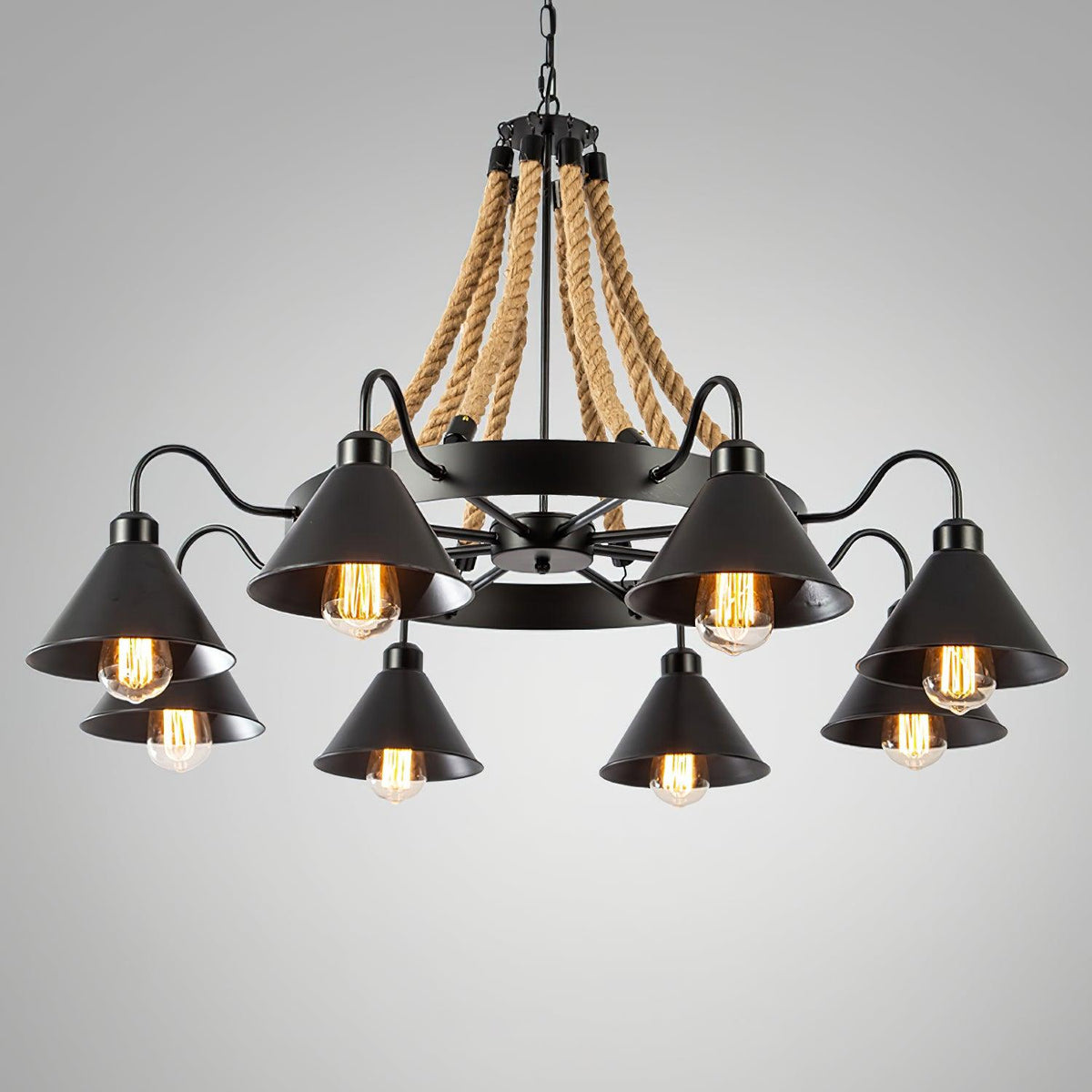 Hemp Rope Industrial Horn Chandelier – Ambient Illumination in Luxury Interior Setting View 12