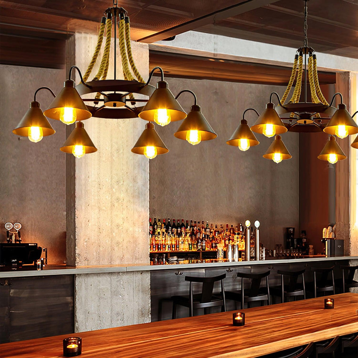Hemp Rope Industrial Horn Chandelier – Handcrafted Material Texture and Detail View