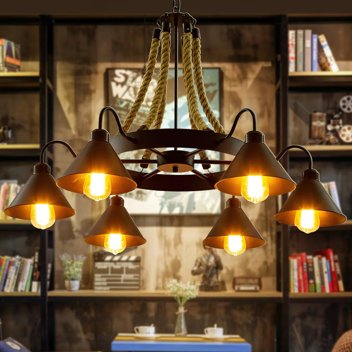 Hemp Rope Industrial Horn Chandelier – Ambient Illumination in Luxury Interior Setting View 3
