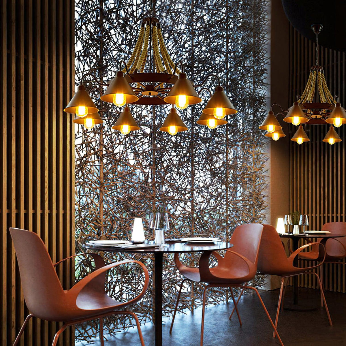Hemp Rope Industrial Horn Chandelier – Ambient Illumination in Luxury Interior Setting View 4