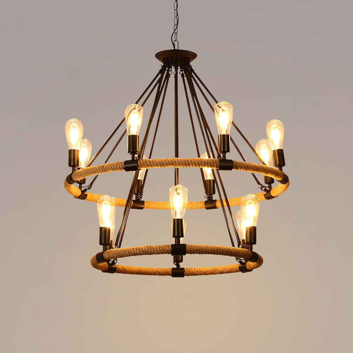 Hemp Rope Industrial Chandelier – Ambient Illumination in Luxury Interior Setting View 18