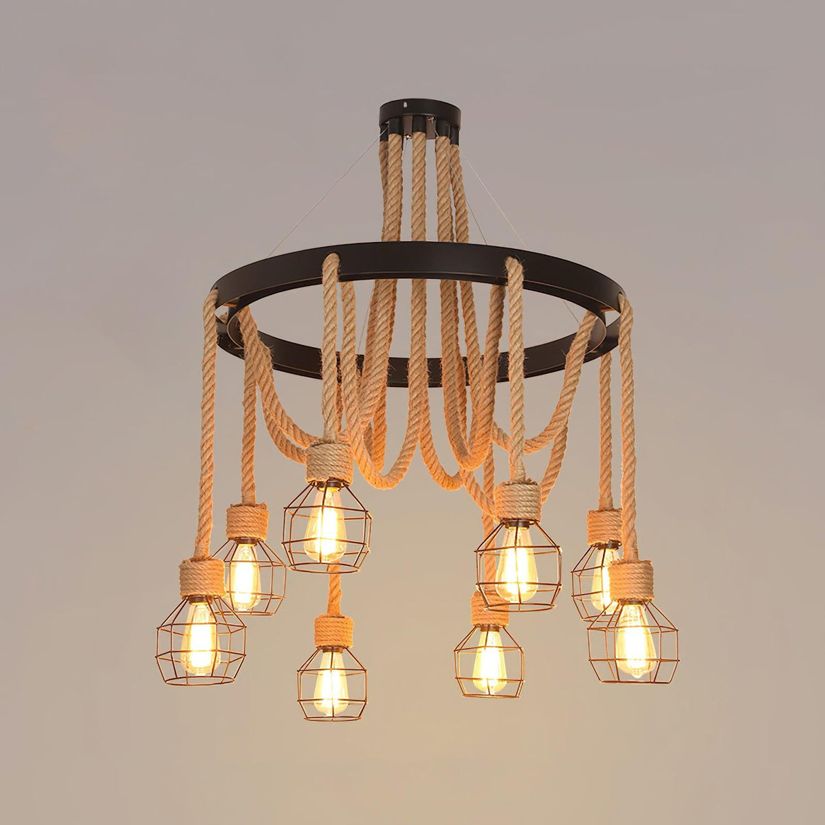 Hemp Rope Industrial Chandelier – Ambient Illumination in Luxury Interior Setting View 18