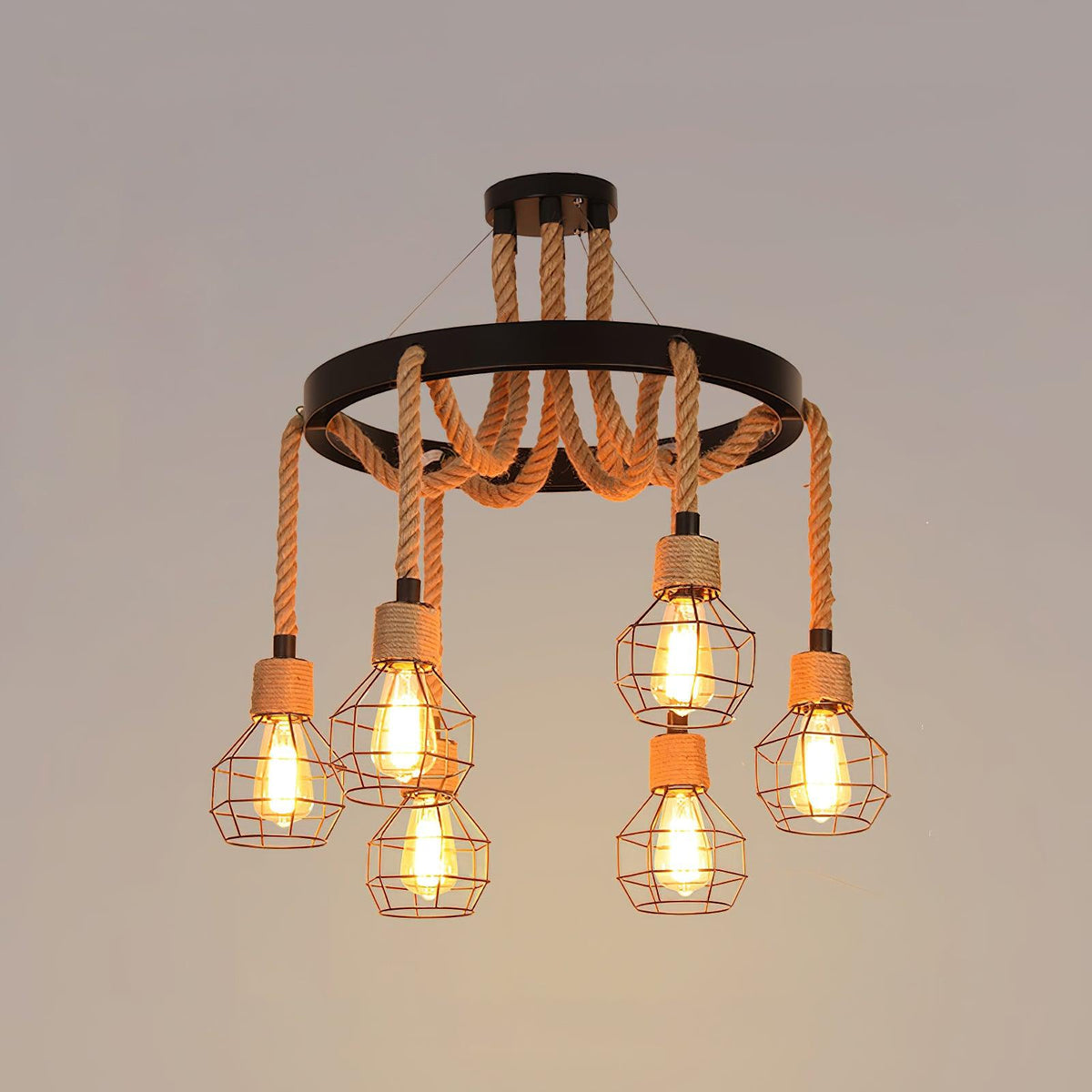 Hemp Rope Industrial Chandelier – Ambient Illumination in Luxury Interior Setting View 17