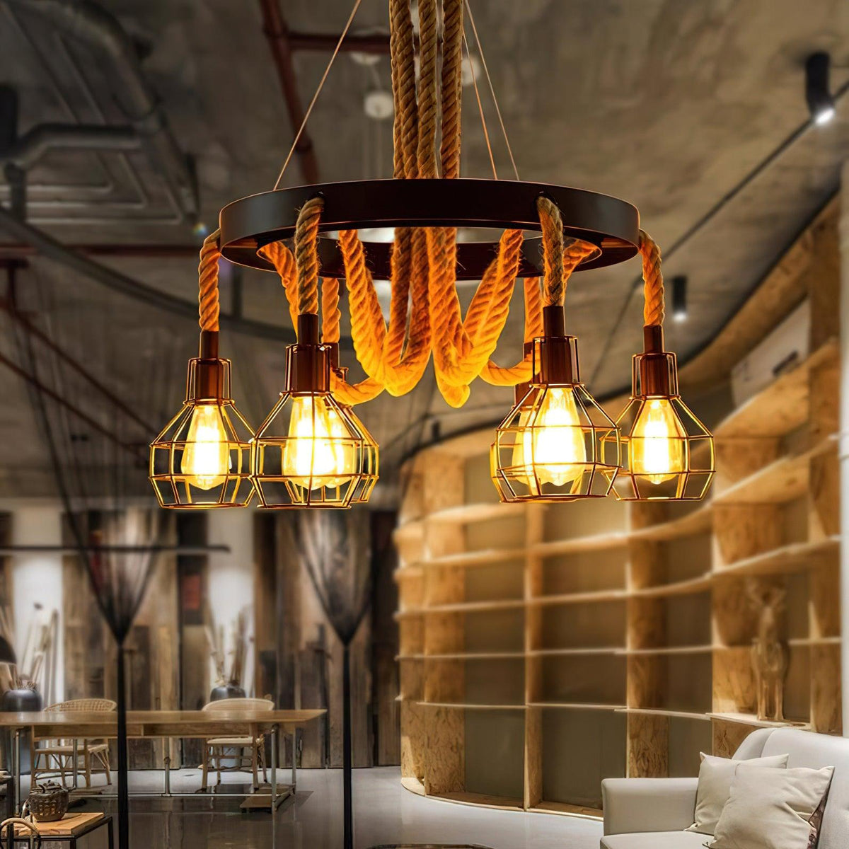 Hemp Rope Industrial Chandelier – Handcrafted Material Texture and Detail View